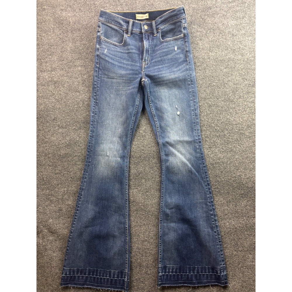 AE77 High-Rise Flare Jeans Women 2 Blue Distressed Raw Hem Organic Cotton Blend